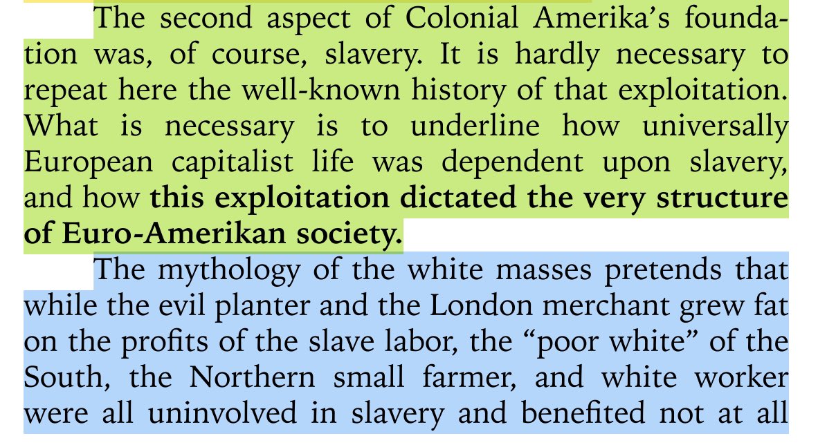 “the second aspect of colonial amerika’s foundation was, of course, slavery. what is necessary is to underline how universally european capitalist life was dependent upon slavery, and how this exploitation dictated the very structure of euro-amerikan society.”