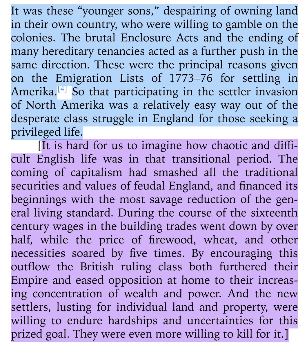 “these were the principal reasons given on the emigration lists of 1773–76 for settling in amerika. so that participating in the settler invasion of north amerika was a relatively easy way out of the desperate class struggle in england for those seeking a privileged life.”