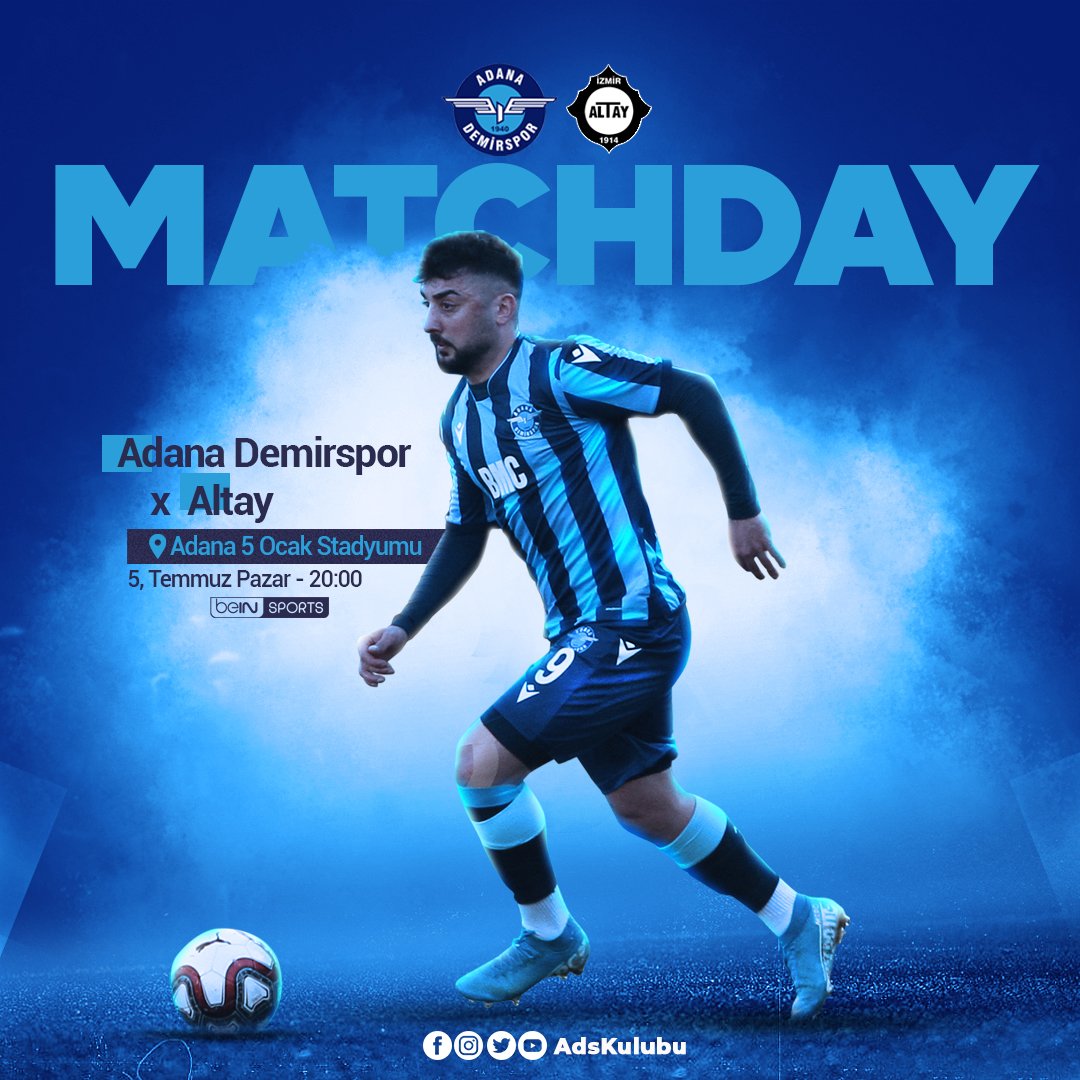 MAÇ GÜNÜ!
⚽️ Adana Demirspor'umuz VS Altay
  TFF 1. Lig 32.Hafta
🗓 05.07.2020 Pazar
⏰ 20:00
🏟 5 Ocak Fatih Terim