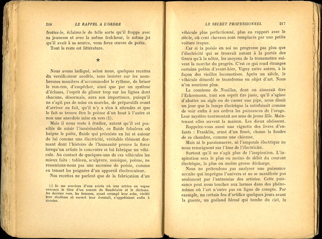 y Picasso que provocó escándalo.En 1919 conoció a Raymond Radiguet, encuentro que lo llevó a escribir _Le secret professionnel_ (1922), tratado de arte poética y de estilo de una gran profundidad.