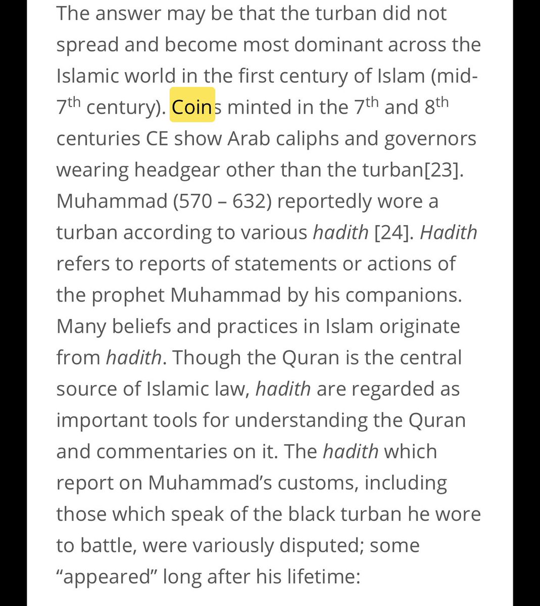 Why it became official garment of Arab people and through them of all Muslims? Because Hadiths made turban (& keffiyeh as its variation) a crown of Muslims. The Hadiths were written around early/mid 8 century after Muhammad. In coins minted earlier Muslim rulers didn’t wear them.