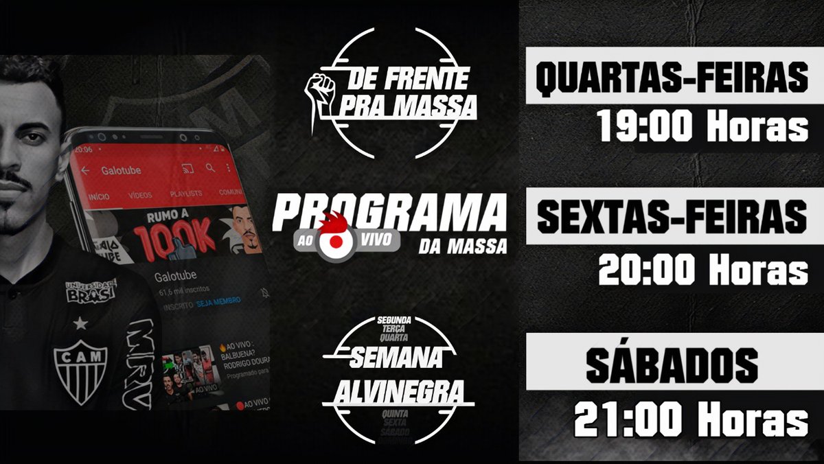ricardoalencar_'s tweet photo. 🎥Siga nossa Programação no @canalgalotube 😅
Todas às Quartas: #DeFrentePraMassa
com @Geves_Galo 🔥
Todas às Sextas: #ProgramaDaMassa
com @oricardoalencar 💣
Todos os Sábados: #SemanaAlvinegra
com @oricardoalencar e membros do canal 😎
Inscreva-se:
https://t.co/OaZ1IGMZnr https://t.co/I2VnwgwCRZ