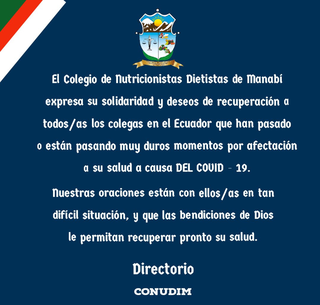 ConudimManabi's tweet photo. Hacemos oraciones por la recuperación de la salud de nuestros/as Colegiados/as y de aquellos/as colegas que están pasando difíciles momentos por afectación drl COVID - 19 en todo el Ecuador y el mundo. Que tengan un pronto restablecimiento. @Salud_Ec
@Lenin
#CONUDIM . https://t.co/JsB2mxXdlL