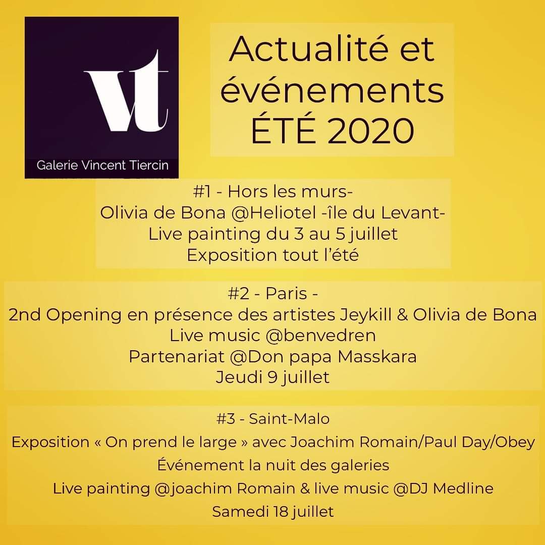 GalerieVTIERCIN's tweet photo. Entre Paris et Saint-Malo, voici notre programmation de l'été ☀️
#exhibition #art #artgallery #artcollector #galerievincenttiercin #galerievtsaintmalo #Joachimromain #oliviadebona #jeykill #paulday #obey #painting https://t.co/OXbxR56Poi