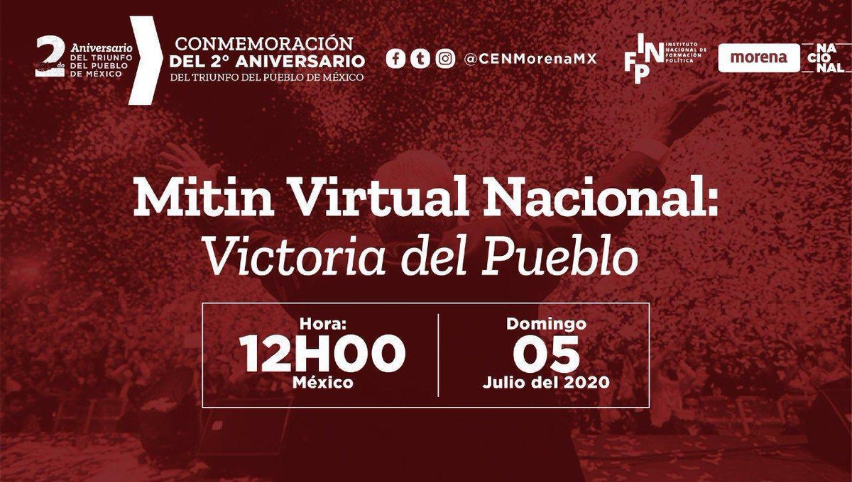 Gabyosoriohdz's tweet photo. Vamos juntas a cerrar la jornada conmemorativa por el 2o  aniversario de la #VictoriaDelPueblo #1JMX con un MITIN NACIONAL VIRTUAL. Mañana a las 12 hrs, reavivemos nuestras fuerzas para seguir forjando la #4taTransformación . 👇🏼👇🏼 https://t.co/fpeJxUipJJ