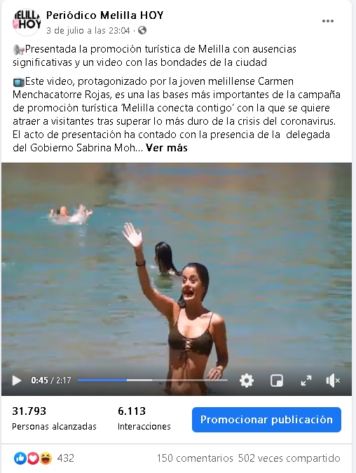 📺La noticia de la promoción turística que llevará a cabo la Ciudad para atraer visitantes peninsulares ha recibido más de 31.000 visitas en el perfil de MELILLA HOY en FB, compartido más de 500 veces y con más de 150 comentarios en solo 24 horas.
👉video cutt.ly/soR0sJT