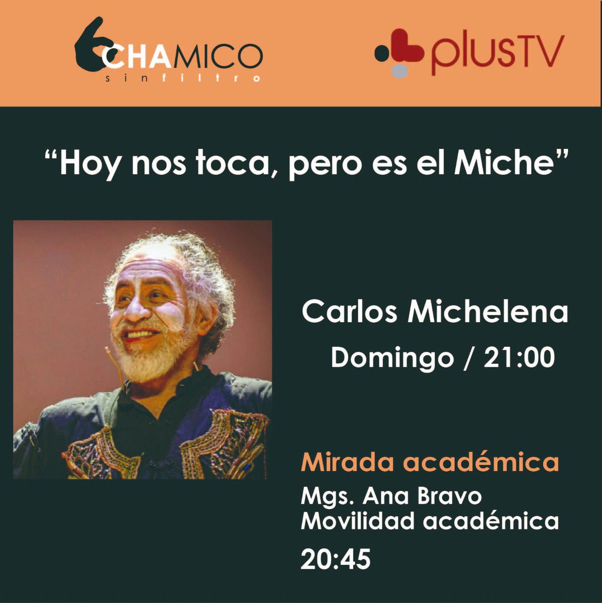 Chamico_ec's tweet photo. Este domingo! Conversamos con el gran Miche. Domingo, 21h00, facebooklive https://t.co/fsSgRZi0yr