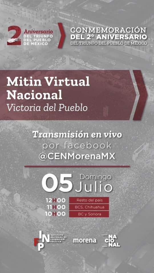 SenadoraV's tweet photo. Mitin virtual nacional: Victoria del pueblo.

#JornadasMorena #1JMX https://t.co/KHP6fYJkXt