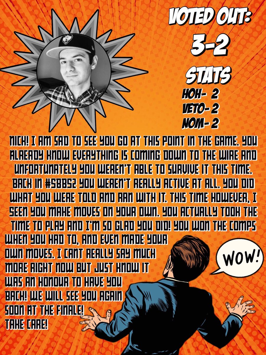 ShaneBigBrother's tweet photo. Nick (@SayHiToCirie) you have been evicted from #SBBAS✨. Please gather your belongings, say your goodbyes, and leave all chats.
You are, and will always be an All Star. Now thank you for playing! We will see you again soon! https://t.co/97Ahthaox8