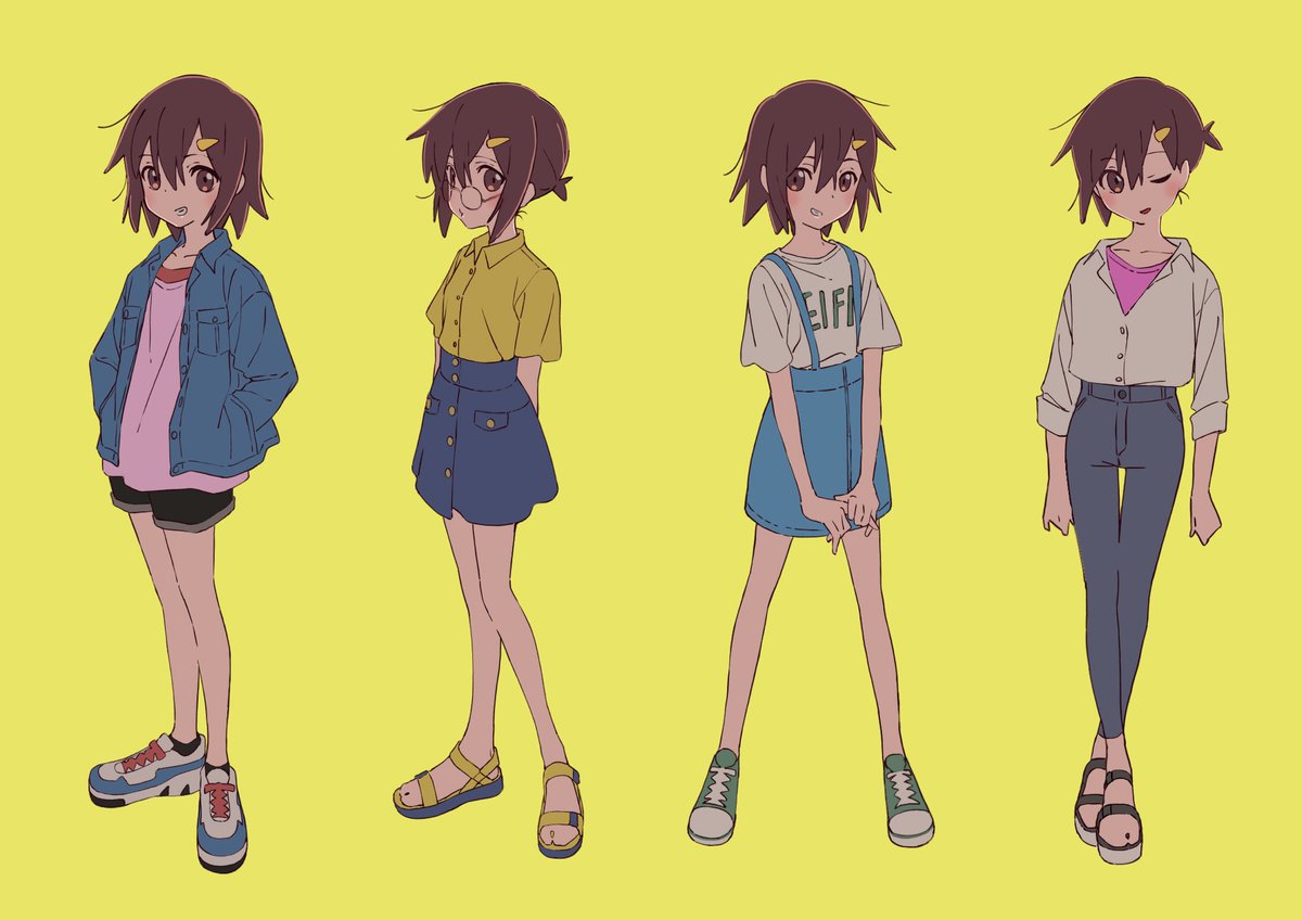 1girl shirt skirt multiple views sandals yellow shirt glasses  illustration images