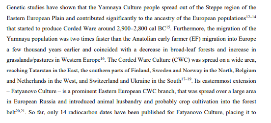 Yamnaya people were a mix of EHG & CHG. Corded Ware people (ruling from Tatarstan to Belgium) were mostly Yamnaya in ancestry, but had some EEF ancestry, mostly female.