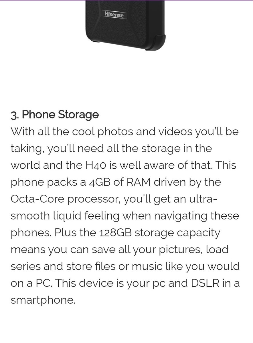 @HotBoxAfrica1 @HisenseSA #capturethemagicH40 #Sponsored It packs 4GB of RAM driven by Octa-Core processor + 128 GB storage capacity hey you can store all your beautiful pics and videos with no worries about enough space H40 is pc and DSLR in a smart phone