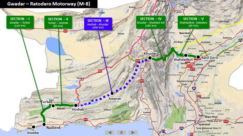 Work on M-8 to commence as top priority.CDWP approval obtained for 146 KMs-cost Rs.26 Bn-Hoshab to Awaran(purple dotted portion on map).This road in remote districts of Kech/Awaran is a beacon of light for impoverished South Balochistan,will change lives #cpec #CPECMakingProgress