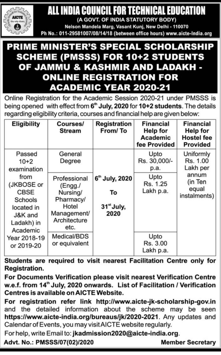 listenshahid's tweet photo. AICTE online registration for professional courses begins 6th July. J&amp;K has 5000 scholarship slots. Srinagar's 2000+ students are eligible. Facilitation Centres established at all HSS. Pl contact Tehsil Nodal Officers for required certificates. 📞 6006333308 for any issue 👇 https://t.co/xHz85opYUq