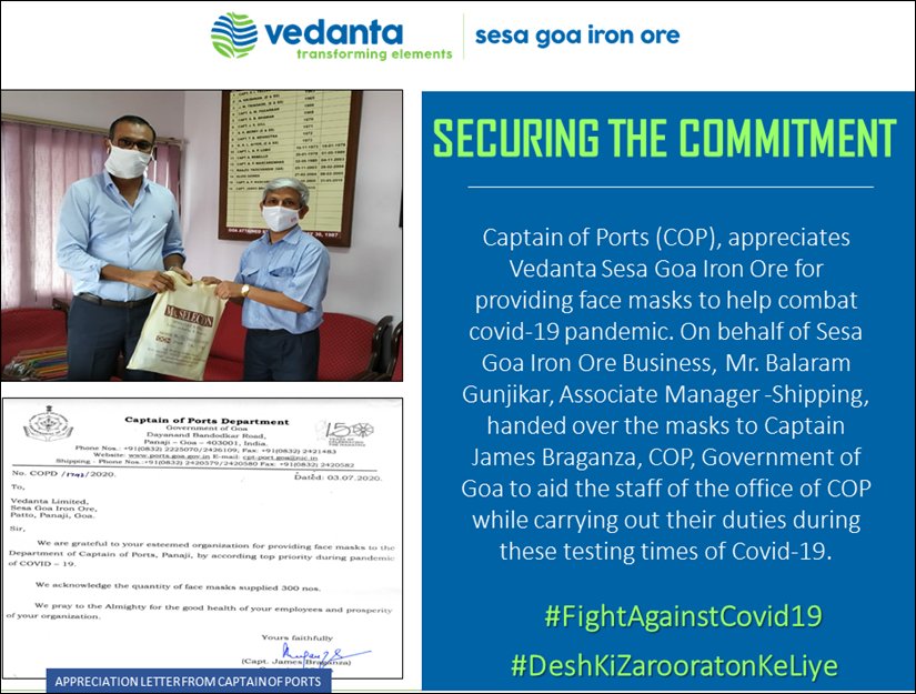 V_I_S_L's tweet photo. Vedanta #SesaGoaIronOre continues to fight against #COVID19.

Handed over the face marks to Captain of Ports, Government of Goa.
#DeshKiZarooratonKeLiye #OneVedanta #FightAgainstCOVID19
@MoHFW_INDIA @goacm https://t.co/KuN34aS4aM
