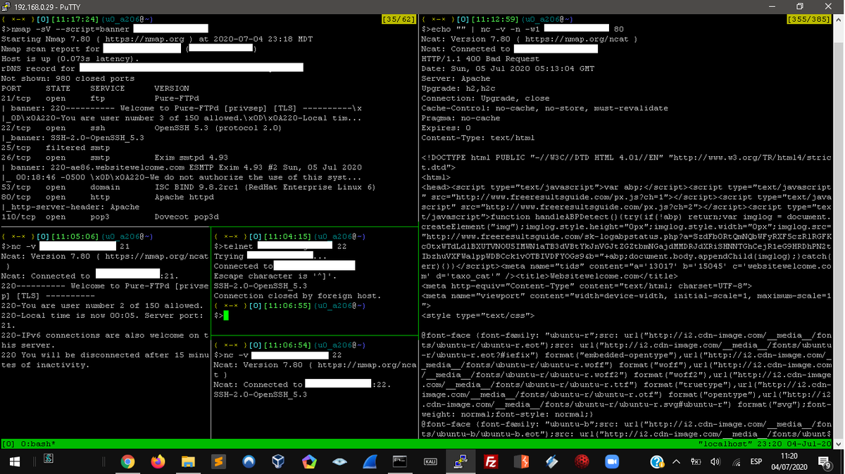 _Y000_'s tweet photo. Banner grabbing

-Ncat:

nc -v <IP> 21
nc -v <IP> 22
nc -v <IP> 80 
HEAD / HTTP/1.0
HEAD / HTTP/1.1

-Telnet

telnet <IP> 22

-Curl

curl -I <IP> | grep -e “Server: ”

-Nmap

nmap -sV --script=banner <IP>

-Echo + ncat

echo "" | nc -v -n -w1 <IP> 80

#bugbountip #CyberSecurity https://t.co/d0tNnyqVGd