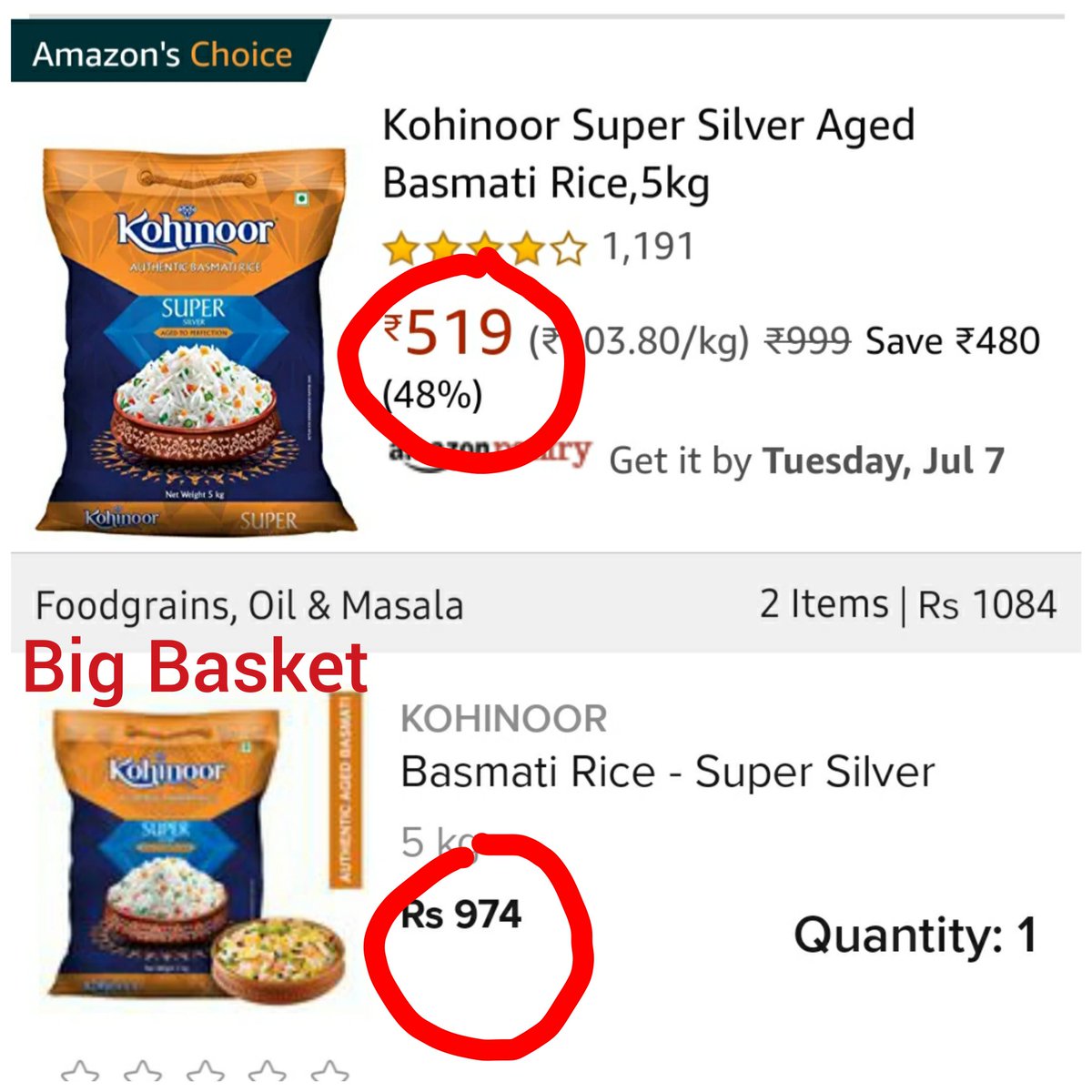 pranjan2020's tweet photo. @bigbasket_com  price is almost 100% more than @amazonIN . @bigbasket_com  Can you explain this difference? We need a price comparison app across marketplaces  to discover the right and lowest price.  #VocalForLocal https://t.co/AzeENkGN0J