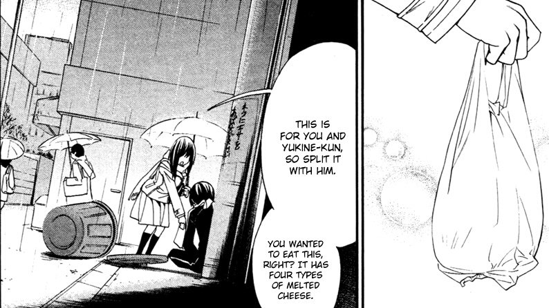 While all of this is happening Yato stays extremely quiet, he is so taken aback by Hiyori's words. It's so much love and kindness at the same time that he shuts down, does that know how to react or what to say. And to top it all he receives food (an offering)