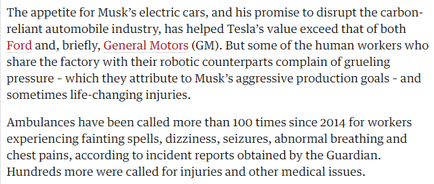 and see this piece for more on how elon musk exploits and abuses workers at tesla  https://www.theguardian.com/technology/2017/may/18/tesla-workers-factory-conditions-elon-musk. some excerpts here: