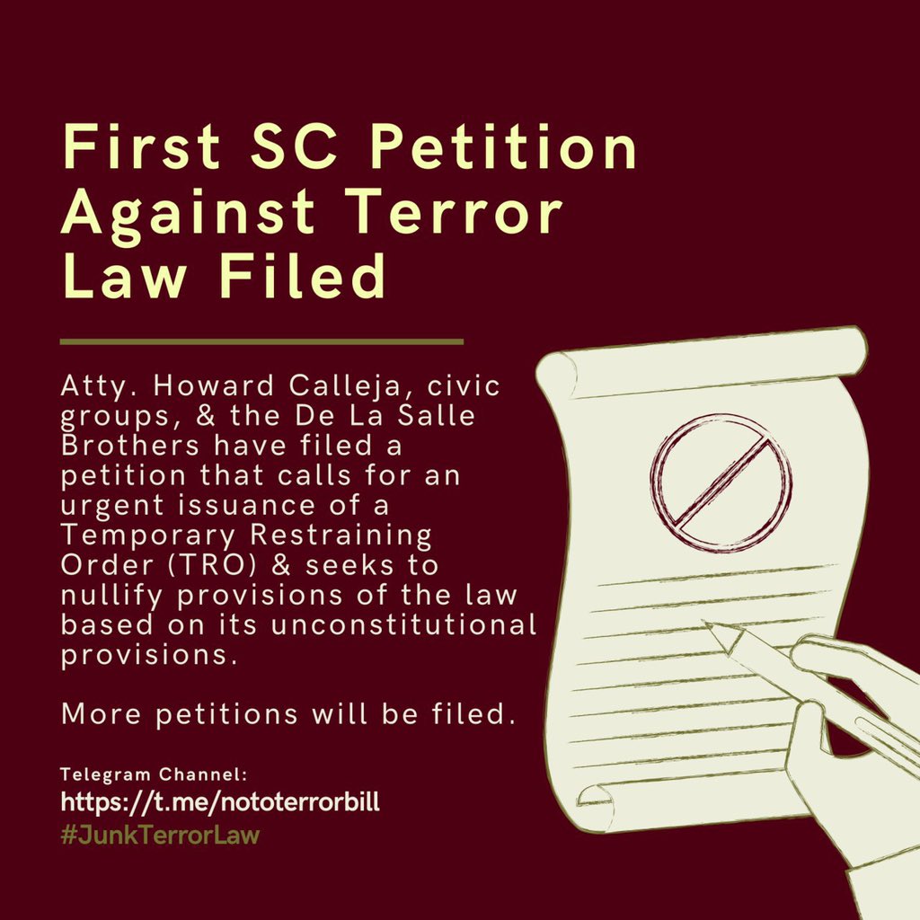 getsmobaph's tweet photo. FIRST SC PETITION AGAINST TERROR LAW FILED

Atty. Howard Calleja, civic groups, &amp; the De La Salle Brothers led by Br. Armin Luistro FSC have filed the first petition against the Terror Law. https://t.co/gO6ryxra0k