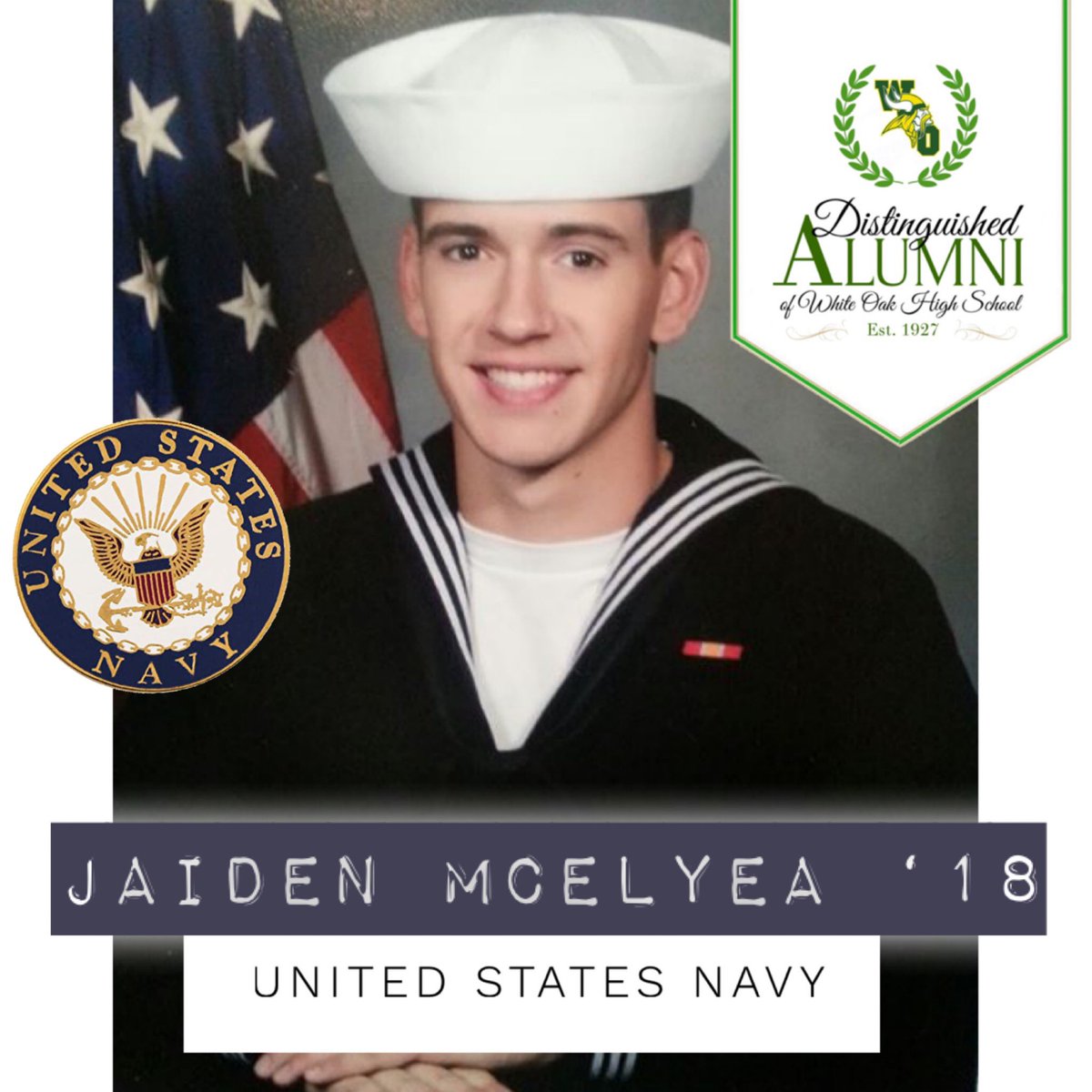 WOHS_Alumni's tweet photo. Jaiden McElyea, a member of the WOHS class of 2018, is an Airman in the U.S. Navy.   This Viking proudly serves his nation... and we are grateful!! 💚💛
#AnchorsAway ⚓️
#StillRowing 🛶
#July4th2020 🇺🇸 https://t.co/cUGYQ6lpIl