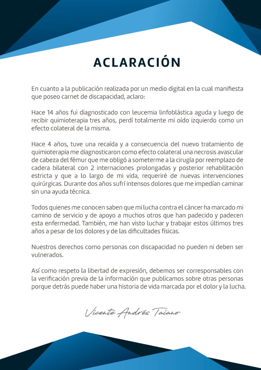 TaianoVicente2's tweet photo. Todos quienes me conocen saben de mi lucha contra el cáncer y cómo ha marcado mi camino de servicio y apoyo a los demás. Seamos corresponsables con la verificación previa de la información que publicamos, porque detrás puede haber una historia marcada por el dolor y lucha. https://t.co/g7V4481ujP