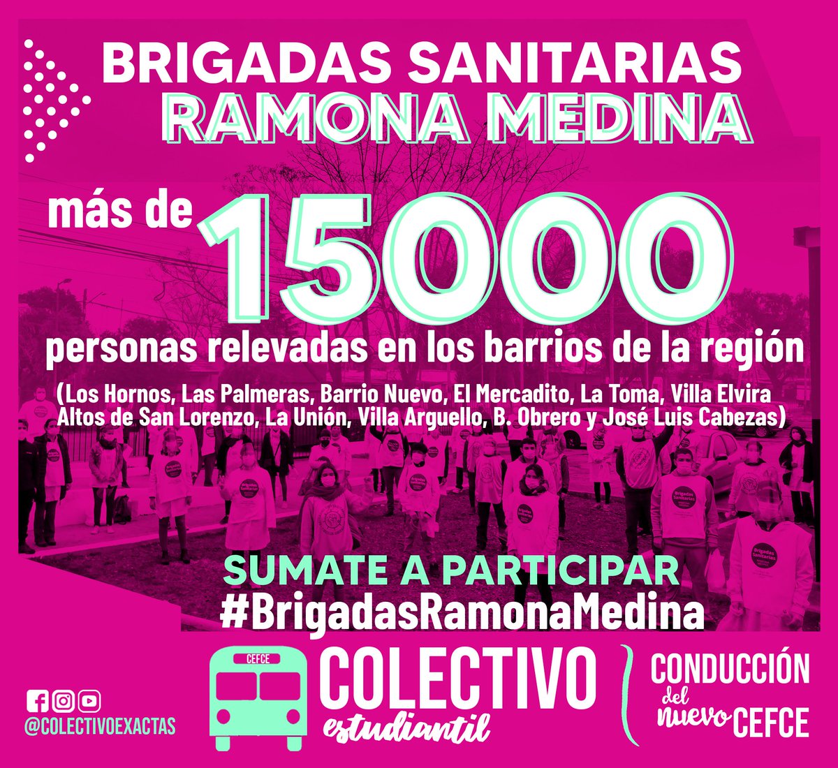 colectivoexacta's tweet photo. 15000 personas relevadas!

A poco más de un mes de haber comenzado los Relevamientos Epidemiológicos Comunitarios, ya llevamos más de 15000 personas relevadas de distintos barrios de la región de La Plata, Berisso y Ensenada, que corresponde a cerca de a más de 4000 hogares. https://t.co/NnnPSv4TRT