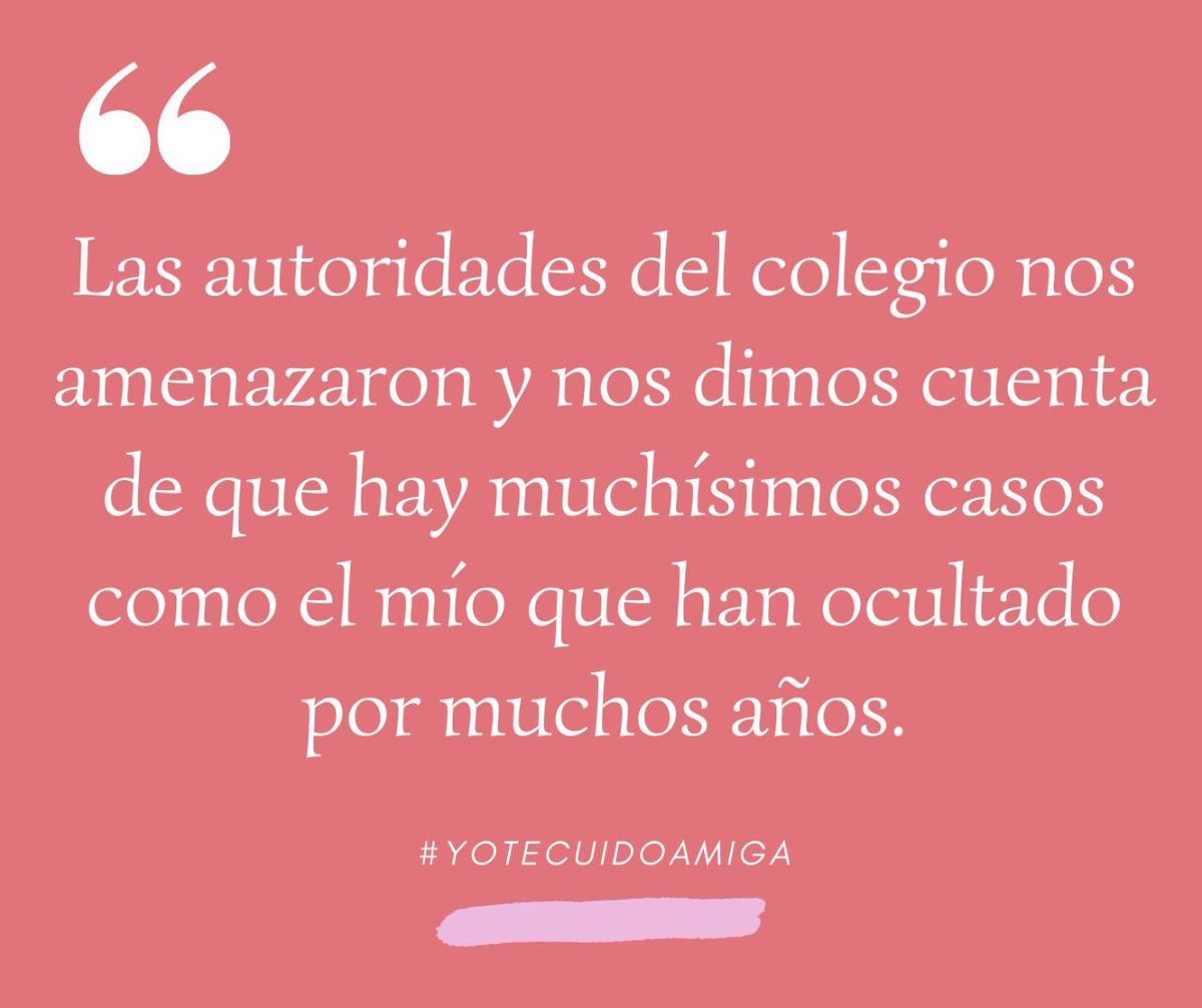yotecuidoamiga's tweet photo. Al callar una voz denunciante te conviertes en cómplice del abusador. Los colegios tienen que entender que resguardar violadores es, a la larga, aún peor que haberlos contratado. 

No te escucharon en ese entonces, amiga, pero nosotras sí. Te creemos y apoyamos. #YoTeCuidoAmiga https://t.co/GnoqS1TymH