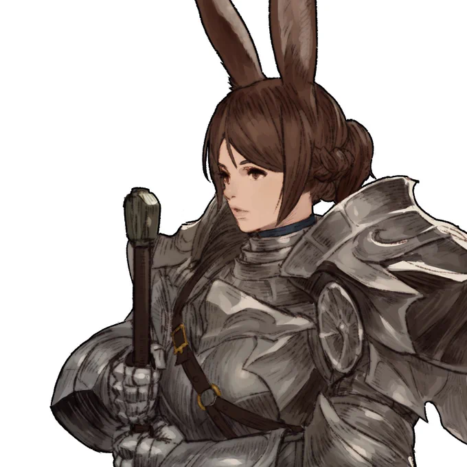 騎士クラスのキャラクター(ウサギ耳族) 

普段は王都や巡礼者の護衛をしている。そのため貴族や聖職者からの依頼を受けることが多い。勅命によって旅をすることもある。
戦士クラスの角小人とは戦時中から知り合い。

#sonechFantasy 