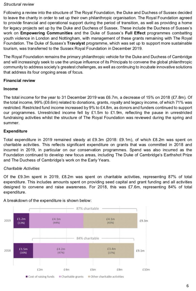 Trustees Report: In 2019, the Royal Foundation’s charitable expenditure was incurred across its core focus areas: Conservation, Mental Health, ‘Supporting Those Who Serve’, Early Years, Young People and Empowering Communities, with an additional grant made to Sussex Royal.