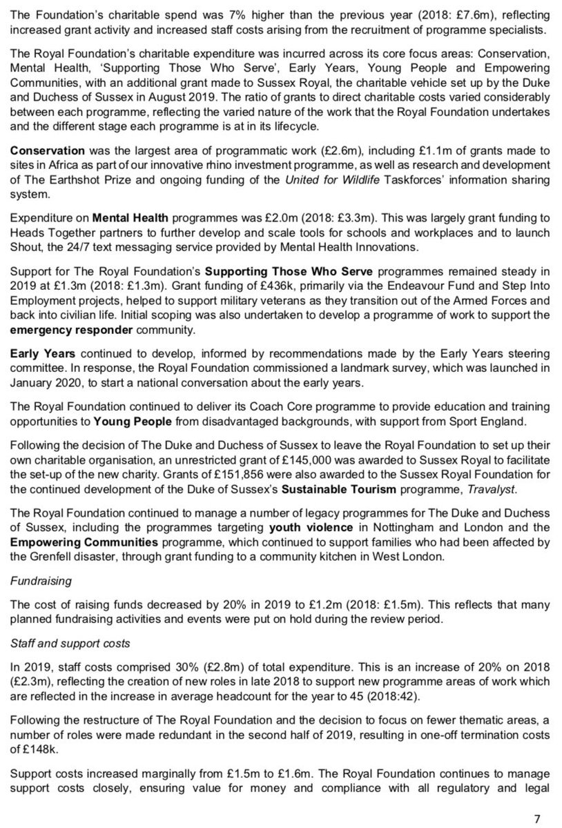 Trustees Report: In 2019, the Royal Foundation’s charitable expenditure was incurred across its core focus areas: Conservation, Mental Health, ‘Supporting Those Who Serve’, Early Years, Young People and Empowering Communities, with an additional grant made to Sussex Royal.