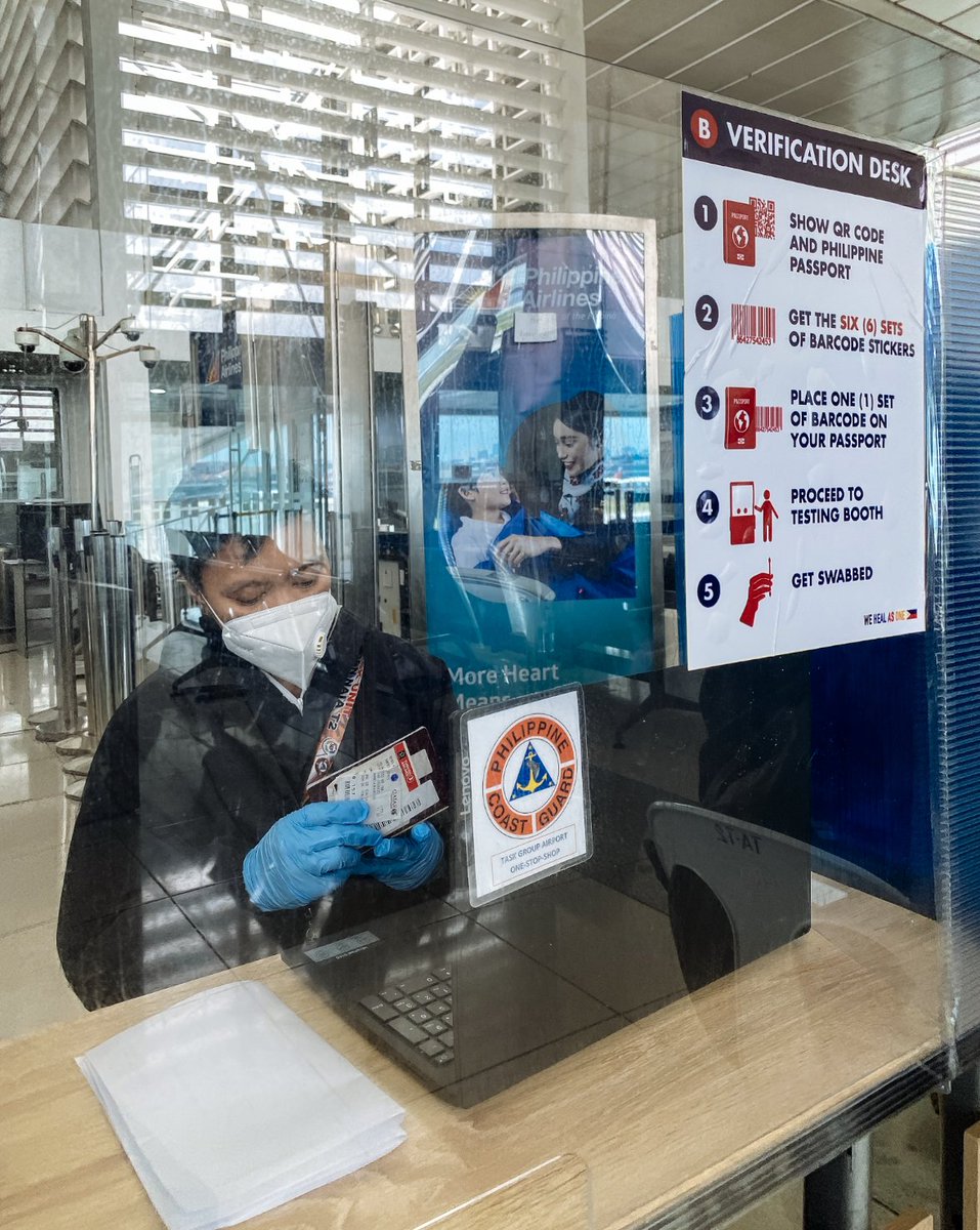 About three hours later I'm finally closer to my COVID-19 testing. Here, the coast guard checks my documents. I am given six barcode stickers, and one of them goes into my passport.