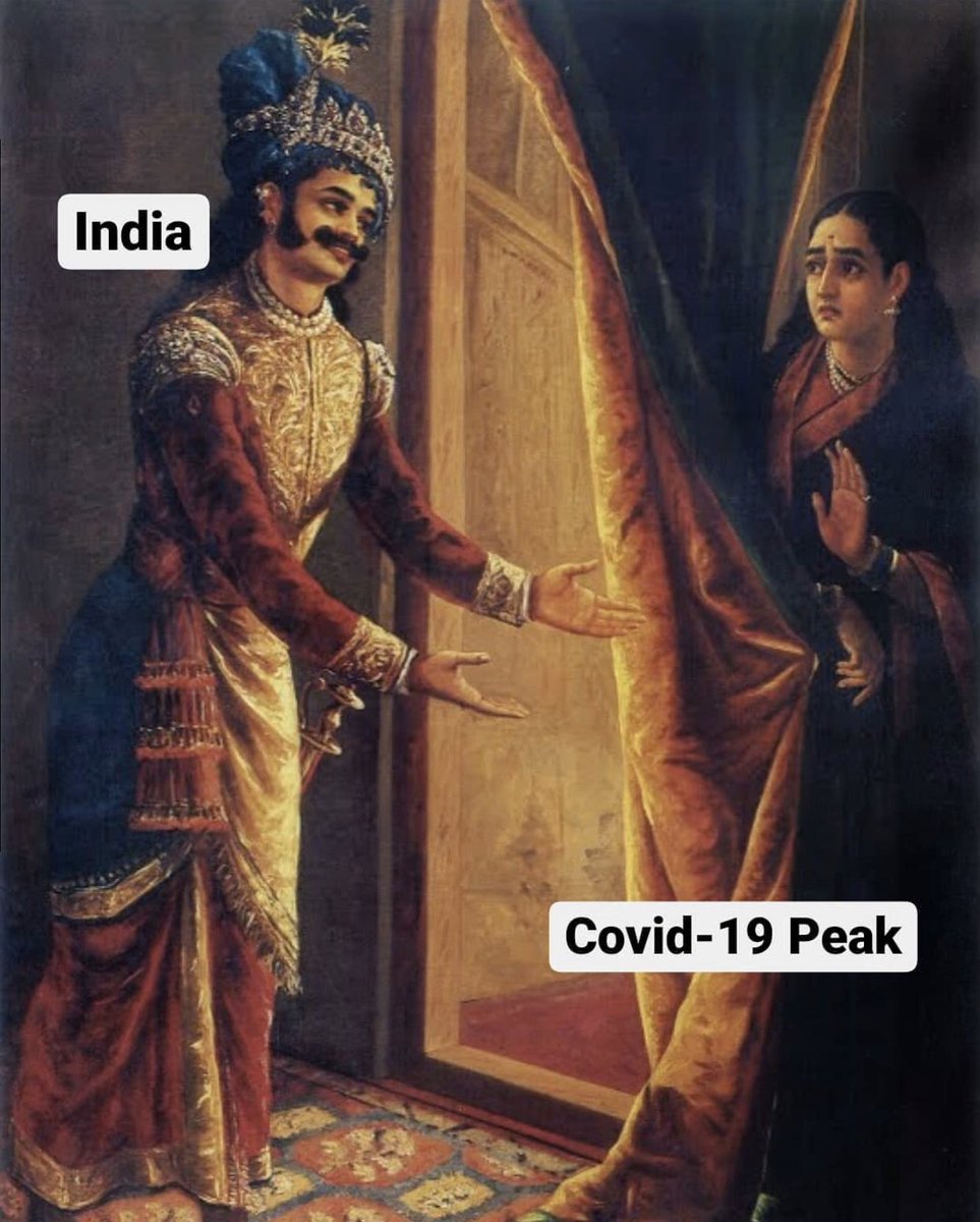 ArtAware1's tweet photo. In these times of #covid19, Raja Ravi Verma s painting/meme does evoke a smile! a beautiful piece of work with a hint of fun! #rajaravivarmamemes! https://t.co/wzfH2yY4ii