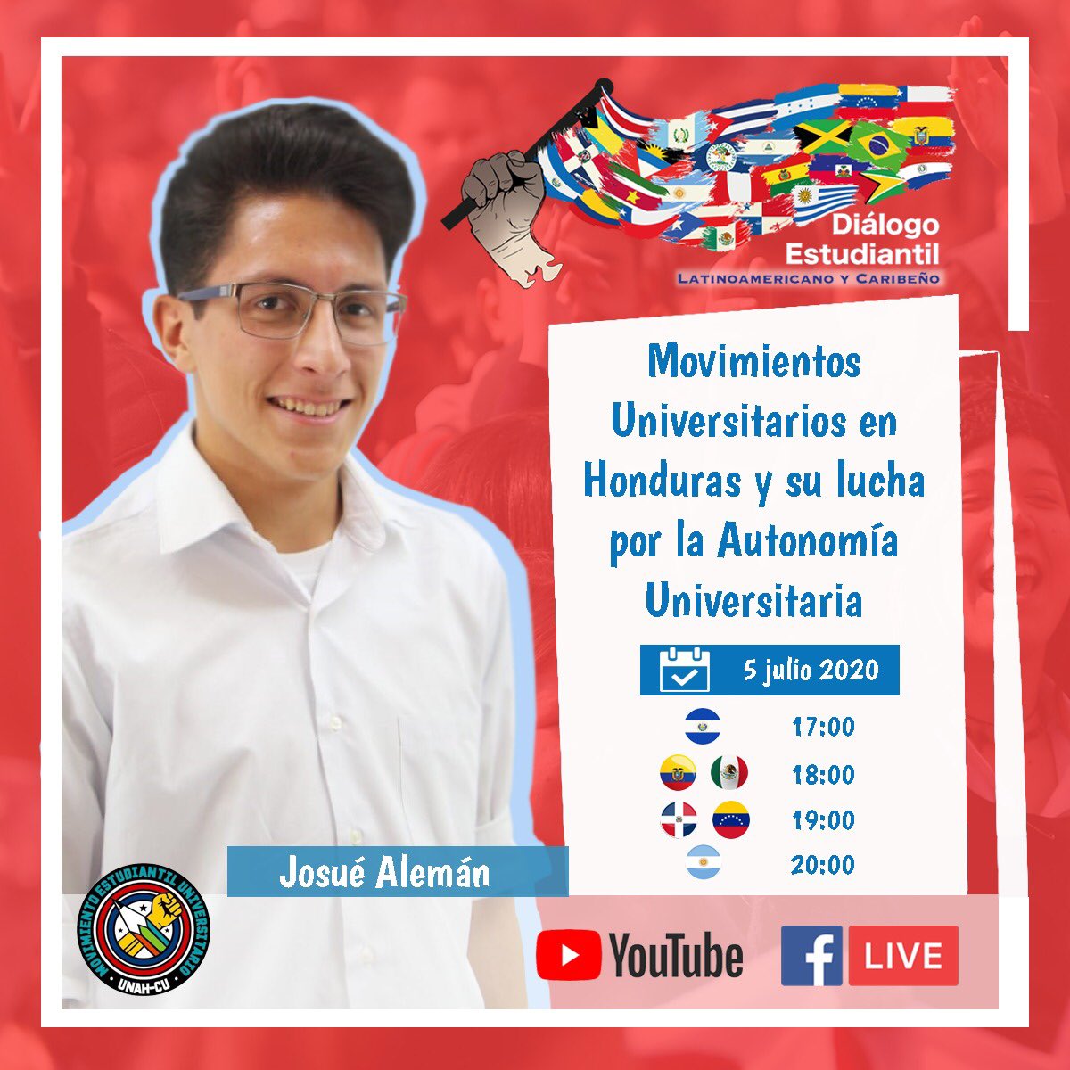 JuvenLac's tweet photo. 𝗗𝗶𝗮𝗹𝗼𝗴𝗼 𝗘𝘀𝘁𝘂𝗱𝗶𝗮𝗻𝘁𝗶𝗹 𝗟𝗔𝗖 💬🔴🌎

Gabriela Roque y Josué Alemán del MEU nos hablarán sobre El #MovimientoEstudiantil en #Honduras 🇭🇳 📚🙌 👉🏽 https://t.co/tf6OJNpwCJ

#AutonomíaUniversitaria #CalidadEducativa #JuventudesLAC https://t.co/TP7kT1116X