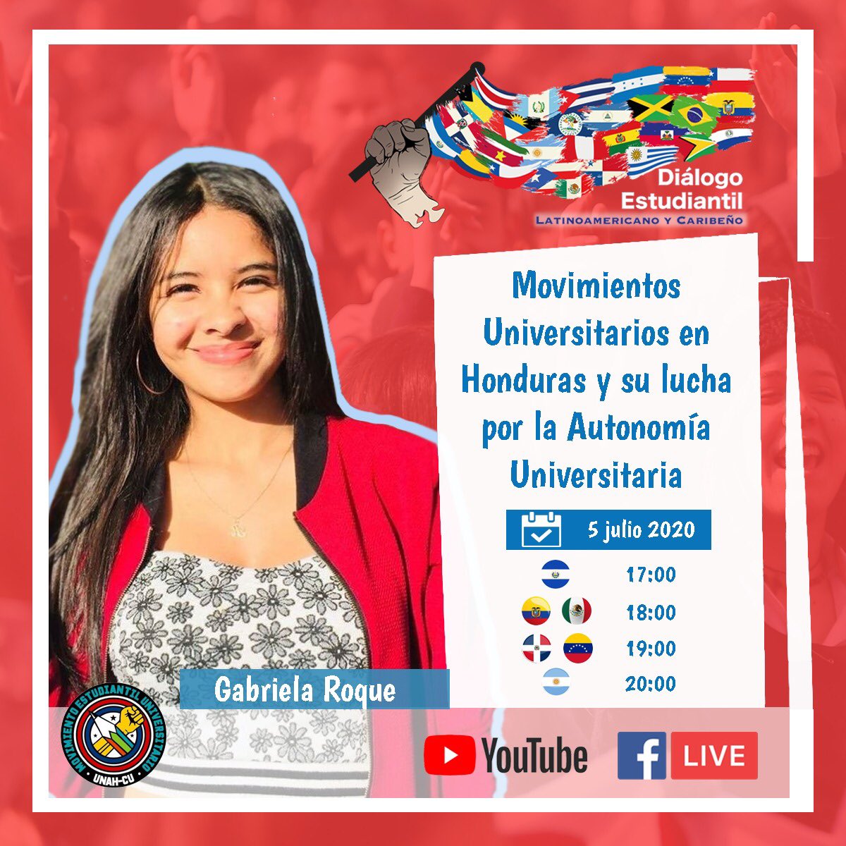 JuvenLac's tweet photo. 𝗗𝗶𝗮𝗹𝗼𝗴𝗼 𝗘𝘀𝘁𝘂𝗱𝗶𝗮𝗻𝘁𝗶𝗹 𝗟𝗔𝗖 💬🔴🌎

Gabriela Roque y Josué Alemán del MEU nos hablarán sobre El #MovimientoEstudiantil en #Honduras 🇭🇳 📚🙌 👉🏽 https://t.co/eLFTTWirRZ

#AutonomíaUniversitaria #CalidadEducativa #JuventudesLAC https://t.co/drnbLLCOYQ