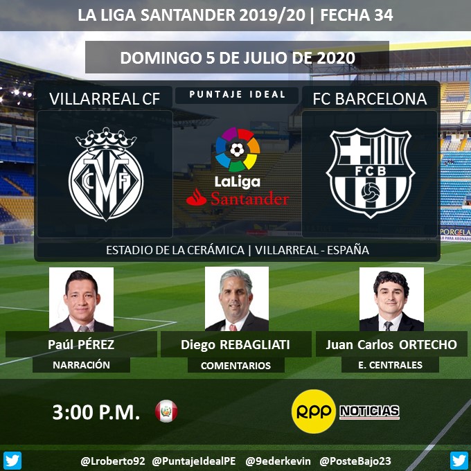 PuntajeIdealPE's tweet photo. ⚽ #LaLigaSantander 🇪🇦 | @VillarrealCF vs. @FCBarcelona
🎙 Narración: @PaulPerezRioja
🎙 Comentarios: @diegoreba
📝 Estudios Centrales: @jcortecho
📻 @RPPDeportes
💻📱https://t.co/wgQYFV6tpV 
🤳 #LALIGAxRPP - #VillarrealBarça - #MessixRPP 
Dale RT 🔃 https://t.co/MTmrSiIhrk