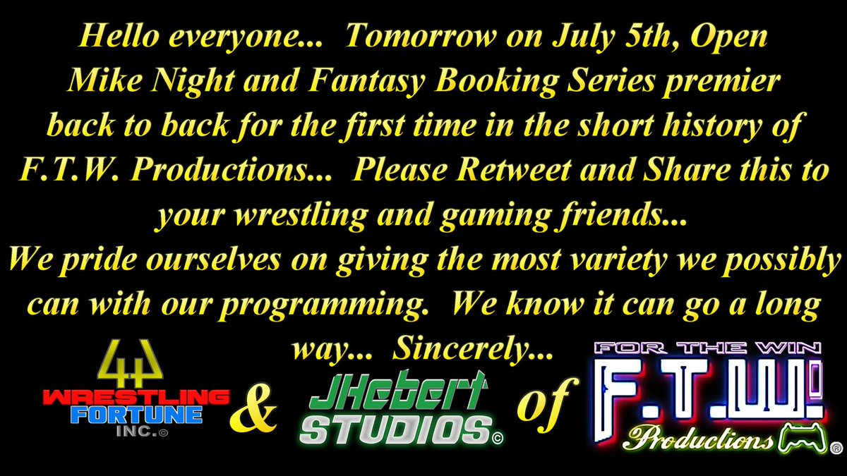 JHebertSide95's tweet photo. July 5th has some fireworks for #FTWProductions!
Fantasy Booking Series: https://t.co/k7HdUUJPIb
Open Mike Night: https://t.co/wh3bA6V6TX
@OpticDecay @stefanrosborne @AfterMatchWrest @martinshow2 @HeatedShip @chrisdbruinsfan @KingTut2157 @CTroop19 @HELLSWARRIOR25 @UberTieGuy https://t.co/2nc1wdVEyK