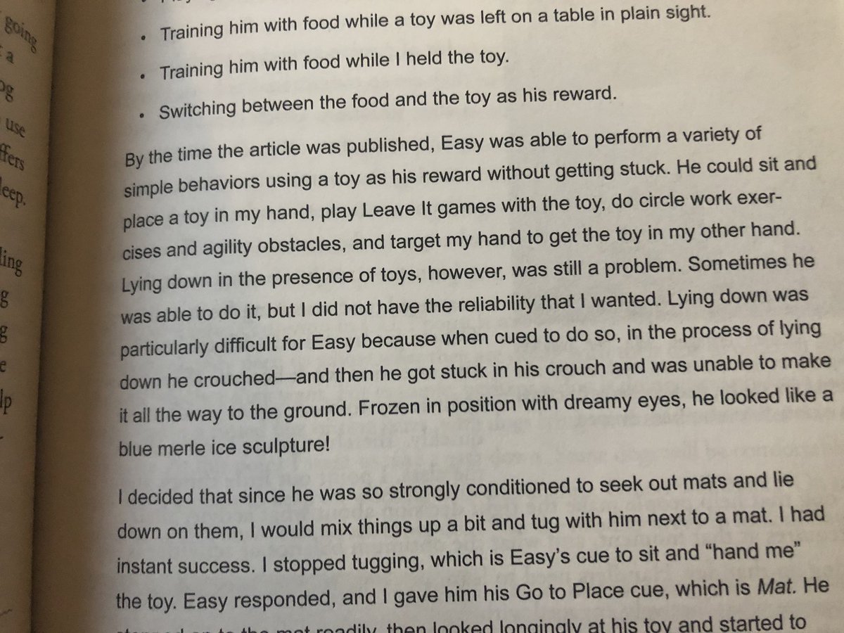 Food for thought:“Lying down was particularly difficult for Easy because when cued to do so, in the process of lying down he crouched—and then he got stuck in his crouch and was unable to make it all the way to the ground.”The mat fixes this bc it’s a very strong cue.