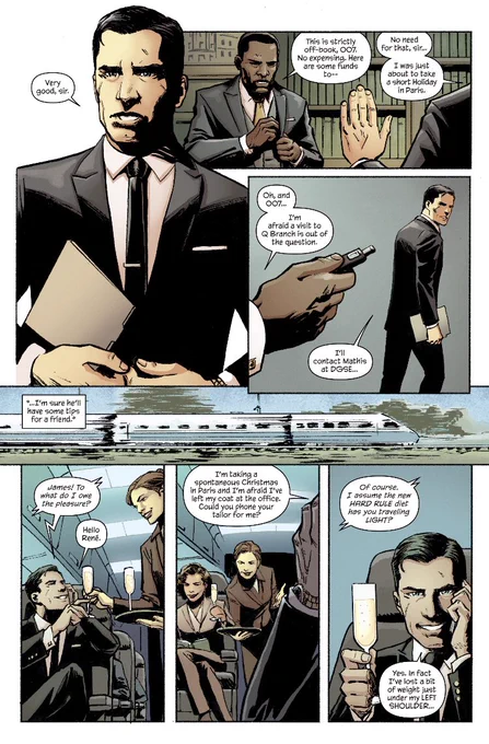 @dancinaintfking That IS a good rule, although it's helpful to keep in mind that showing the environment doesn't always have to mean boots on the ground. Here's another page from SOLSTICE, in which Ibrahim Moustafa manages to move Bond from MI6 HQ to a train without drawing a single shoe. 