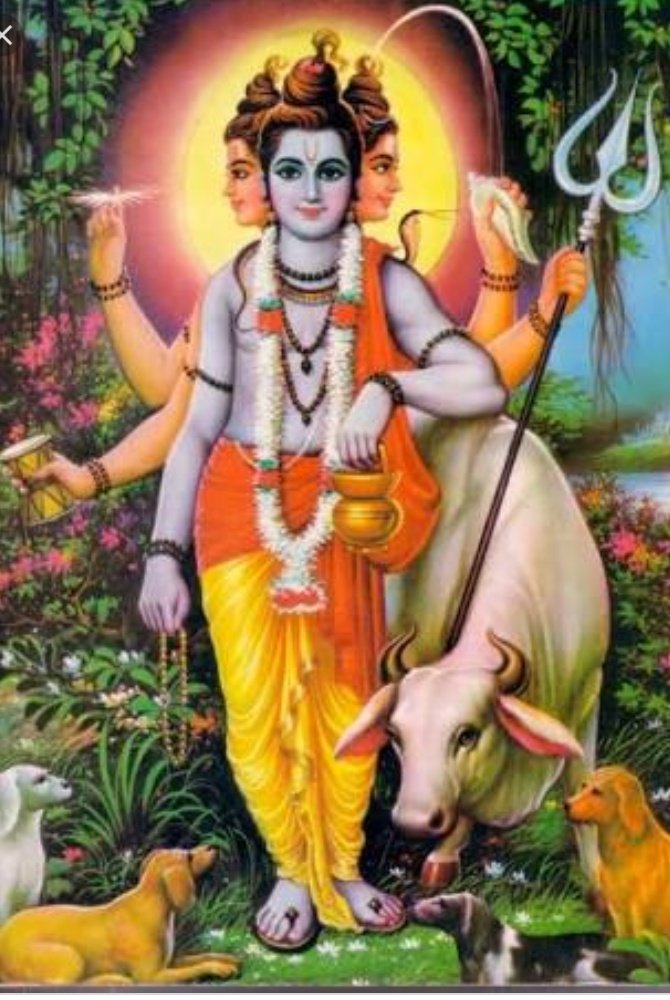 On the occasion of  #गुरुपूर्णिमा , a small thread on Shri guru dattatreaya and his Avatars. #GuruPurnima2020Shri guru Dattatreaya is Avatar of Lord Vishnu, bhrama and Shiv collectively known as " Trimurti" . He is son of pativrata ' Anusuya' and sage ' Attrimuni' ( 1/5)