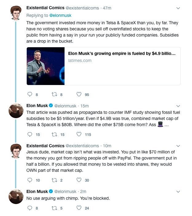 so let's move to tesla. where does it gets it funding from? exactly as chomsky noted, the vast majority of it comes from the state, even the initial investment. when this was pointed out to elon musk he lost his shit and blocked the person who exposed his fake self-made man image