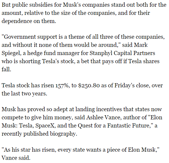 that exchange begins with a link to an article that's worth delving into. it details how elon musk is a pathetic grifter who sucks off the state's teet, intentionally using his fake image as a genius to scam the state out of billions in funding. he's the actual welfare queen