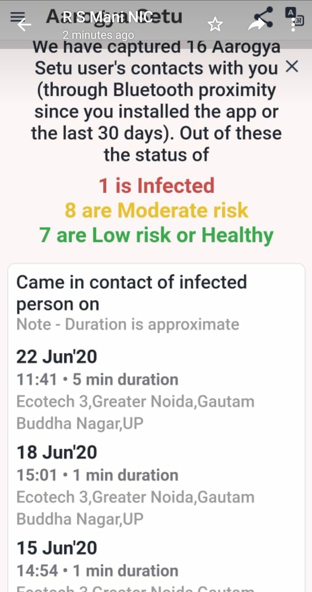 In case your status has been assessed as Moderate Risk or High Risk meaning your screen is Yellow or Orange, Aarogya Setu will also let you know date, time & approximate location & duration of such BT contact with someone who has been diagnosed COVID positive. #SetuMeraBodyguard