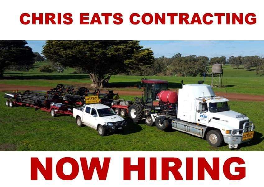 Tractor operator required for our contract Windrowing &amp; Mowing Business (Sep-Dec)
- Must have drivers licence
- Tractor or mechanical experience
- Willing to travel &amp; stay away from home (accommodation &amp; some meals supplied)
Wages &amp; hours negotiable
Call Chris on 0427 704 550