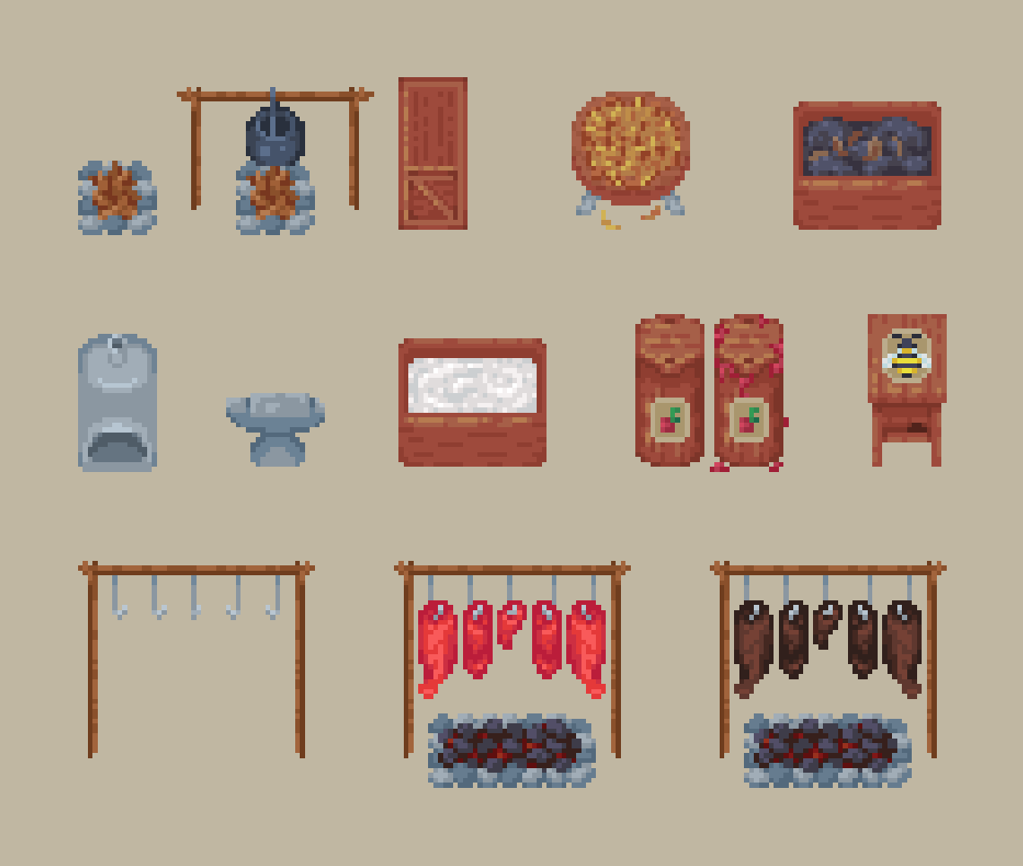 owleydev's tweet photo. Structures for your dinosaur ranch in @Paleora! Got a few new ones done tonight. (: The dryer, smoker, jam maker, and salt bin. Next up is the egg basket and cask which will hold wine so you can forget giant lizards are trying to eat you. 🍷😄#pixelart #gamedev #indiedev #gameart https://t.co/mHUGKdsdWI
