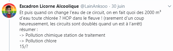 Conclusion:Donc on a :Rejet chimiques: Contrôlé, vérifié, réglementé. Bien en dessous des réglementations et des concentrations naturelles. Très loin d’une “eau toute chlorée”.