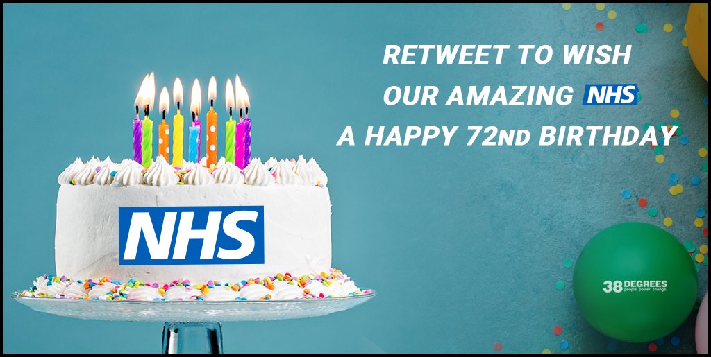 38degrees's tweet photo. Today our amazing #NHS celebrates its 72nd birthday 🎉 Please share to wish our NHS a Happy Birthday. And add your name to this huge thank you card to all our NHS heroes.  https://t.co/MQ8tqvubam https://t.co/PO2mPdNHxw