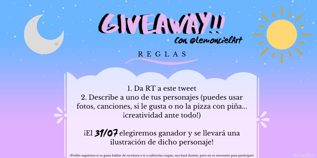 LauShei's tweet photo. ✨ GIVEAWAY ✨

¿Escribes? ¿Quieres ver a tu personaje ilustrado por @LemoncielArt? ¡Puedes ganar una ilustración!
Para participar:
-RT
-Comenta describiendo al personaje que más quieras (u odies)

En agradecimiento por los 300 seguidores, elegiremos un ganador/a el 31 de julio💖 https://t.co/OWkgKTUGNo