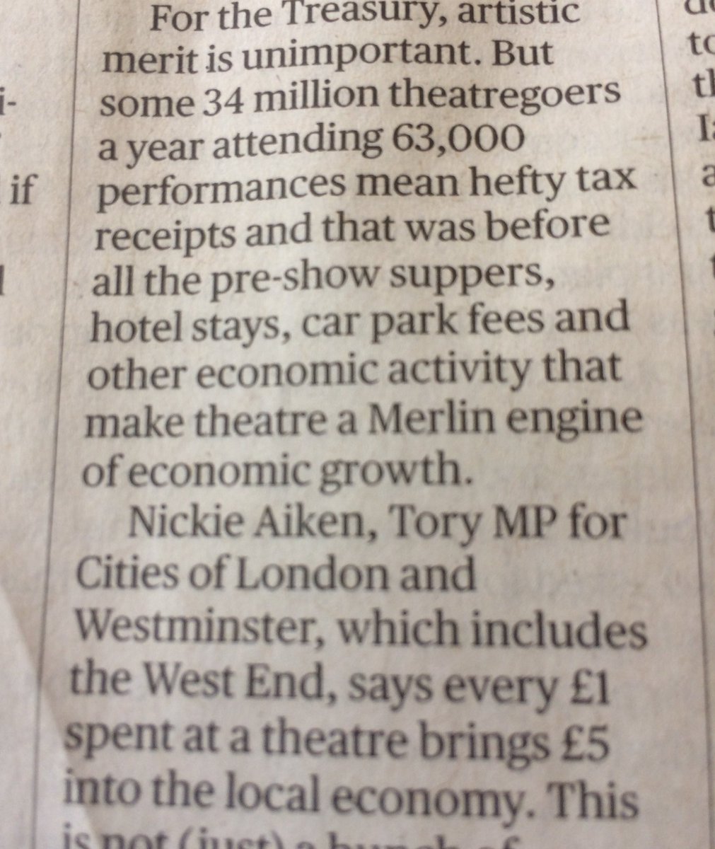 Aiannucci's tweet photo. Quentin Letts on the economic importance of theatre, bringing £5 into the economy for every £1 spent. Add to that comedy and music venues and you have a massively important industry. It’s too big to fail @OliverDowden @RishiSunak https://t.co/3s4NF7WFBS