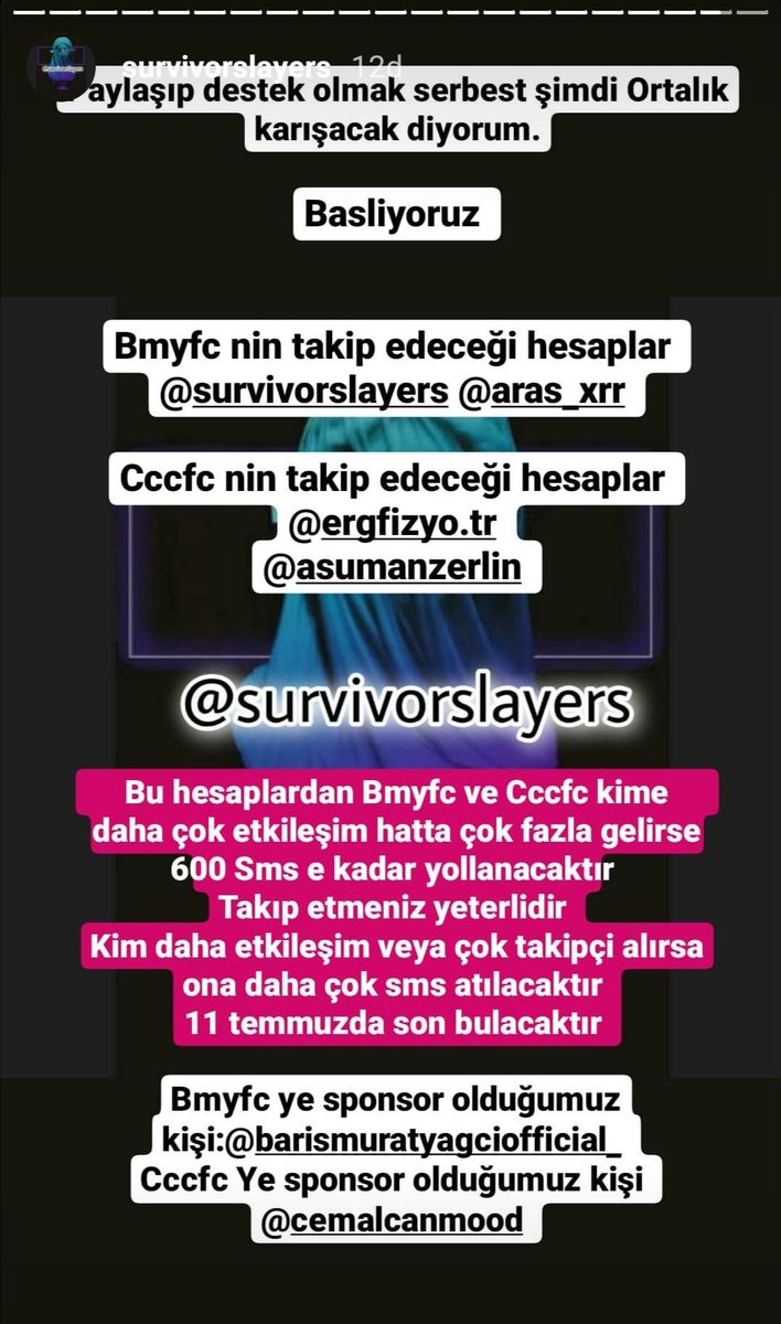 İnstagramda herkes bu  hesapları takip etsin
İnstagram:survivorslayers
İntagram ara_xrr
Bu hesapları takip ediyoruz
Anket bu şekilde
Hangi hesaplara etkileşim gelirse sms atcak rt yapın #bmyfc